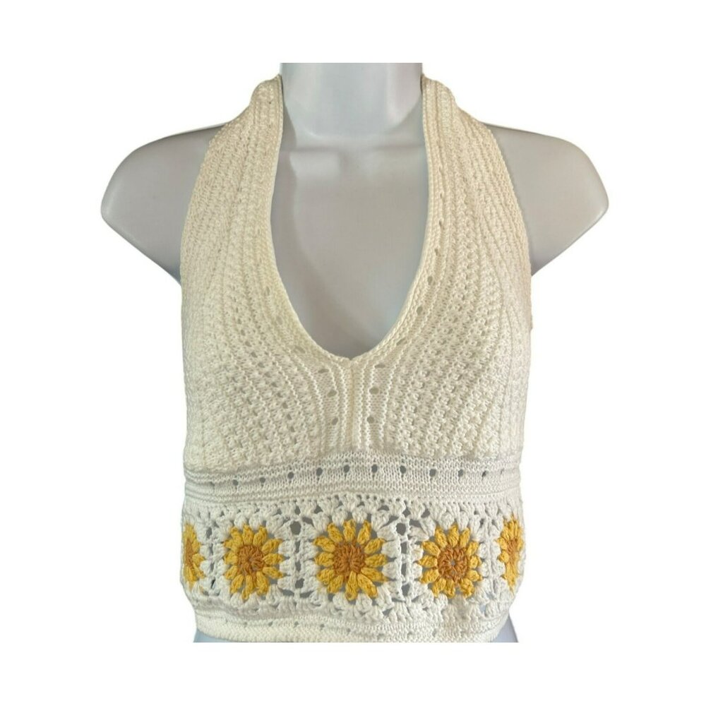 Hollister White Yellow Sunflower Crocheted Knit Halter Top Medium Festival Boho